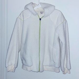 FURRY JACKET, white, hooded, green zipper GIRL size XL